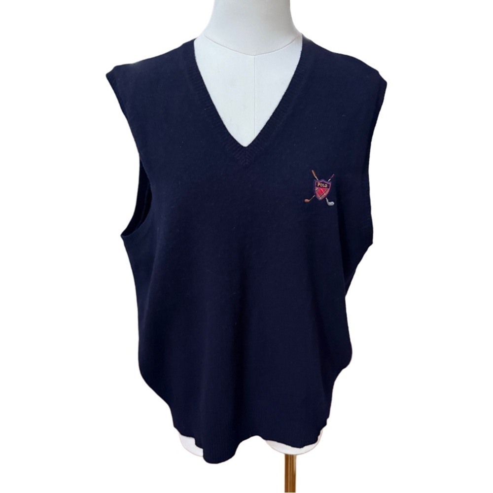 Vintage Polo by Ralph Lauren Navy V-Neck Lambswool Sweater Vest Golf Logo Size L